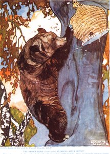 Niedźwiedź brunatny (Ursus arctos), wspinający się po miodzie, ilustracja z „Nowej historii naturalnej” autorstwa Johna Arthura Thompsona (1861-1933), wydanej przez G.P. Synowie Putnama, lata 20.