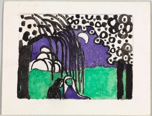Projekt drzeworytu kolorowego „Dwie kobiety w księżycowym krajobrazie” autorstwa Wassily Kandinsky
