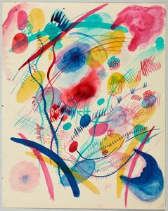 Kompozycja w kolorach czerwonym, niebieskim, zielonym i żółtym autorstwa Wassily Kandinsky