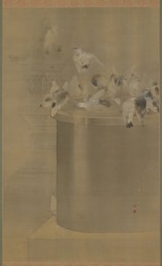 Gołębie w Senjoji (Świątynia Asakusa Kannon) Meiji Era, 1877 (tusz i kolor na jedwabiu) autorstwa Watanabe Seitei