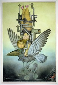 Balansująca dziewczyna na mechanicznym ptaku na linie (ołówek i kredka na papierze)