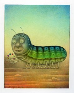 Żonglująca gąsienica, 2003 (mieszane media na tekturze) autorstwa Wayne Anderson