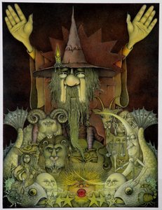 Zodiakalny mag (ołówek i kolorowa kredka na papierze)