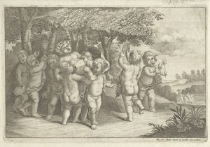 Chłopcy tworzący muzykę i tańczący noszą bachantkę autorstwa Wenceslaus Hollar (rejected attribution)