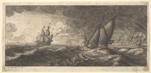 Jacht i trzy okręty wojenne podczas sztormu, 1665. autorstwa Wenceslaus Hollar