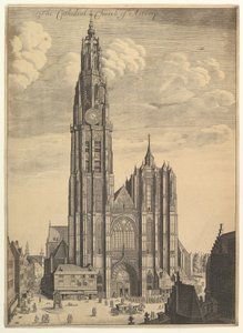 Katedra w Antwerpii (Widok wieży kościoła katedralnego) autorstwa Wenceslaus Hollar