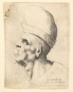 Popiersie zdeformowanego mężczyzny w bulwiastym kapeluszu z profilu po lewej, 1625-77. autorstwa Wenceslaus Hollar