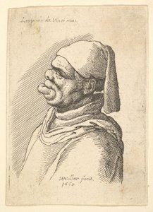 Popiersie zdeformowanego mężczyzny w kapeluszu i grubej, wystającej z profilu do lewej wargi, 1625-77. autorstwa Wenceslaus Hollar