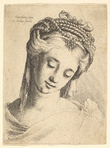 Popiersie młodej kobiety z wyszukanym nakryciem głowy, patrzącej w dół., 1625-77. autorstwa Wenceslaus Hollar