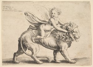Kupidyn na lwie, 1652. autorstwa Wenceslaus Hollar