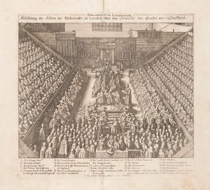Wizerunek sesji parlamentu londyńskiego z wyroku hrabiego Stafford, ok. 1642 r. autorstwa Wenceslaus Hollar