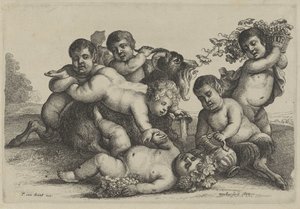 Trzech małych chłopców, dwóch satyrów i bachant koza Putti i Satyrowie (tytuł serii) autorstwa Wenceslaus Hollar
