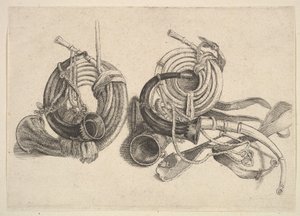 Pięć rogów myśliwskich, 1625-77. autorstwa Wenceslaus Hollar