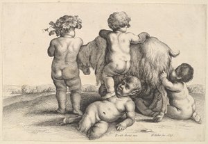 Czterech chłopców, młody satyr i koza, 1647. autorstwa Wenceslaus Hollar