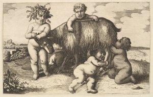 Czterech chłopców, młody satyr i kopia koza w rewersie, XVII w. . autorstwa Wenceslaus Hollar