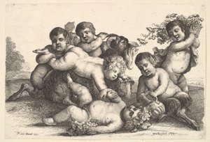 Czterech chłopców, dwóch satyrów i koza, 1654. autorstwa Wenceslaus Hollar