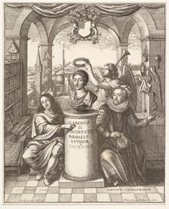 Frontyspis Historii Towarzystwa Królewskiego w Londynie Thomasa Spratta, wyd. 1702 autorstwa Wenceslaus Hollar