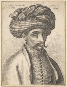 Głowa i ramiona tureckiego mężczyzny z wąsami i dużym turbanem autorstwa Wenceslaus Hollar