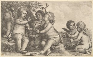 Jezus, św. Jan Chrzciciel i czterech cherubinów, 1625-77. autorstwa Wenceslaus Hollar
