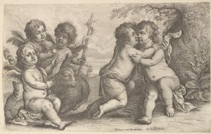 Jezus i św. Jan w objęciach z cherubinami, 1646. autorstwa Wenceslaus Hollar