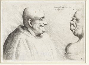 Głowy dużego łysego mężczyzny i groteskowej kobiety Varie figurae et probae (tytuł serii) Karykatury, głowy i deformacje wg Leonarda da Vinci (tytuł serialu) autorstwa Wenceslaus Hollar