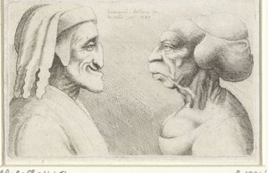 Zdeformowane karykaturalne głowy mężczyzny w kapeluszu (Dante?) i kobiety Varie figurae et probae (tytuł serii) Karykatury, głowy i deformacje wg Leonarda da Vinci (tytuł serii) autorstwa Wenceslaus Hollar