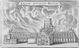 Stara katedra św. Pawła płonąca podczas wielkiego pożaru Londynu, 1666 r autorstwa Wenceslaus Hollar
