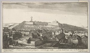Perspektywa wewnętrznej części Tangeru z zamkiem górnym od południowego wschodu, 1669-73. autorstwa Wenceslaus Hollar