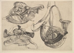 Siedem rogów myśliwskich w trzech grupach, 1625-77. autorstwa Wenceslaus Hollar