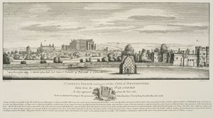 Pałac św. Jakuba i część miasta Westminster od północnej strony Pall Mall w 1660, grawerowane przez Richarda Sawyera, opublikowane 1809 autorstwa Wenceslaus Hollar