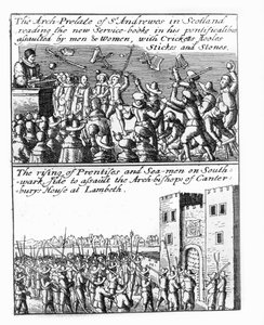 Arcyprałat St Andrews nauczający w Szkocji; powstanie uczniów i marynarzy w Pałacu Lambeth autorstwa Wenceslaus Hollar