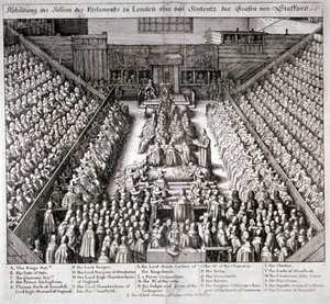 Proces Thomasa Wentwortha, hrabiego Strafford, Westminster Hall, Londyn, 1641. autorstwa Wenceslaus Hollar