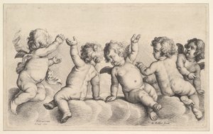 Trzech cherubinów i dwóch chłopców na chmurach, 1620-77. autorstwa Wenceslaus Hollar
