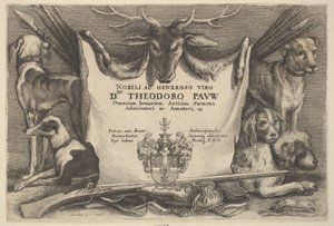 Strona tytułowa z psami i sprzętem myśliwskim, 1646. autorstwa Wenceslaus Hollar