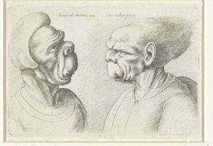 Dwie zdeformowane głowy Varie figurae et probae (tytuł serii) Karykatury, głowy i deformacje wg Leonarda da Vinci (tytuł serii) autorstwa Wenceslaus Hollar