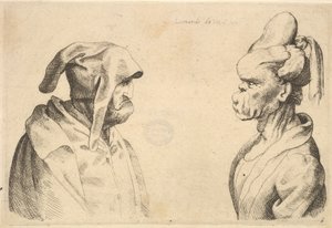 Dwie zdeformowane głowy zwrócone do siebie, 1625-77. autorstwa Wenceslaus Hollar