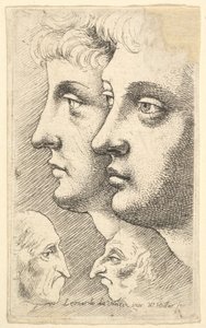 Dwóch młodzieńców z profilu po lewej z dwiema groteskowymi głowami zwróconymi do siebie w dole, 1625-77. autorstwa Wenceslaus Hollar