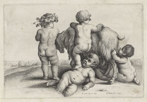 Czterech chłopców, satyr i koza Putti i Satyrowie (tytuł serii) autorstwa Wenceslaus Hollar