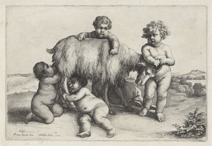 Czterech chłopców, satyr i koza stoją po prawej stronie Putti i Satyrowie (tytuł serii) autorstwa Wenceslaus Hollar