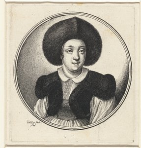 Kobieta w futrzanym kapeluszu Kobiece popiersia w okrągłych ramach (tytuł serii) autorstwa Wenceslaus Hollar