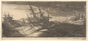 Okręt wojenny i wieloryb tryskający, 1665. autorstwa Wenceslaus Hollar