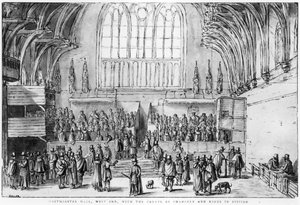 Westminster Hall, West End, z Sądami Kanclerskim i Królewskim w trakcie sesji autorstwa Wenceslaus Hollar