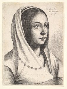 Młoda kobieta z szalikiem na głowie, według Bonsignori, 1645. autorstwa Wenceslaus Hollar