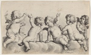 Trzech cherubinów i dwóch chłopców na chmurach autorstwa Wenceslaus Hollar, after Peeter van Avont