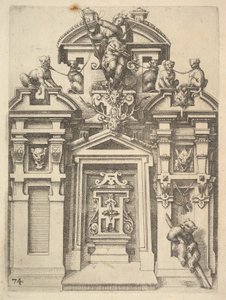Projekt budowli architektonicznej z motywem myśliwskim, tablica 74 z Ar. Dietterlina, 1598. autorstwa Wendel Dietterlin the Elder