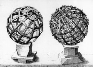 Ilustracja perspektywiczna, dwie kule, rycina z Perspectiva Corporum Regularium, autorstwa Wentzela Jamnitzera (1508-1585), Norymberga autorstwa Wenzel I Jamnitzer