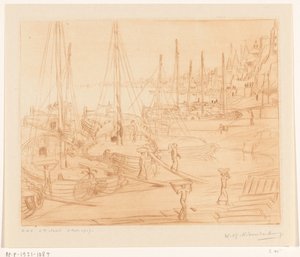 Zacumowane statki na brzegu Gangesu w Benares Rozładunek statków II (tytuł oryginalny) autorstwa Wijnand Otto Jan Nieuwenkamp (signed by artist)