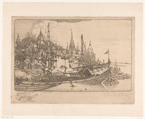 Statek z drewnem opałowym na brzegu Gangesu w Benares Statek z drewnem opałowym, Benares (tytuł oryginalny) autorstwa Wijnand Otto Jan Nieuwenkamp (signed by artist)