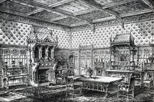Projekt gotyckiej jadalni, opublikowany w The House-Furnisher & Decorator, 1 września 1872 autorstwa Wilberforce Haddon