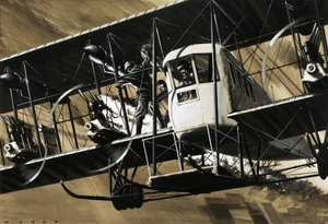 Dwóch członków załogi wśród drutów i rozpórek bombowca Ilia Mourometz II gasi pożar silnika. autorstwa Wilf (20th century) Hardy